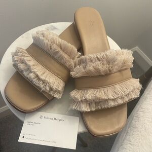 Women's Tan Fringe Slide Sandals